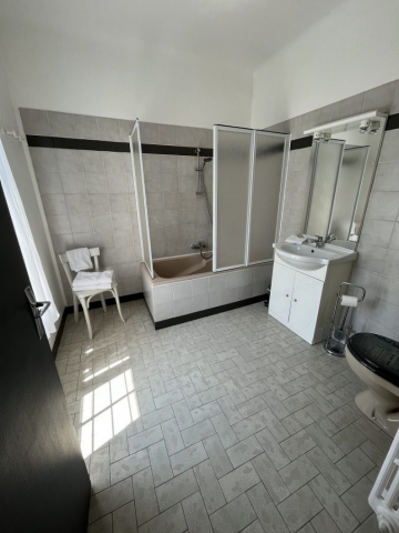 Cette image présente la salle de bain de la chambre d'hôte Steve McQueen du Temps des Légendes. Elle est équipée d'une baignoire, d'un meuble vasque et des toilettes.